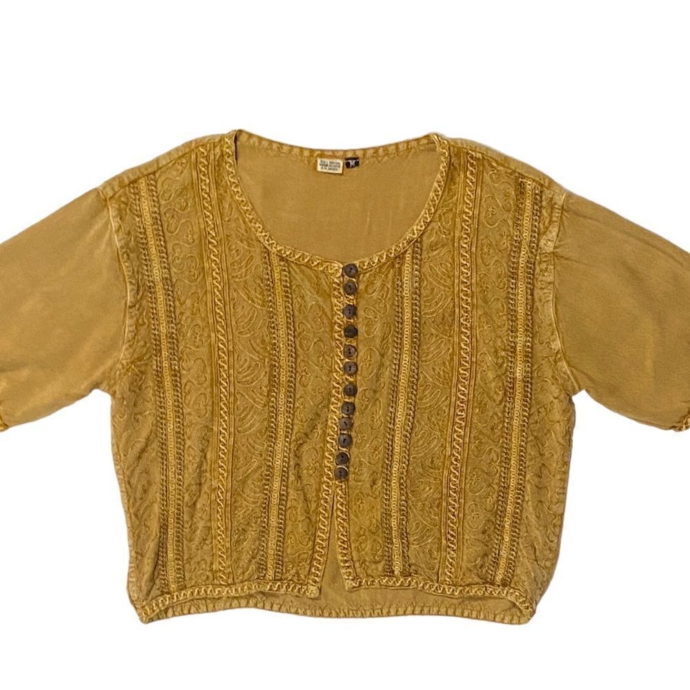 Vintage Handkerchief Netted Button Down Embroidered Boho Blouse